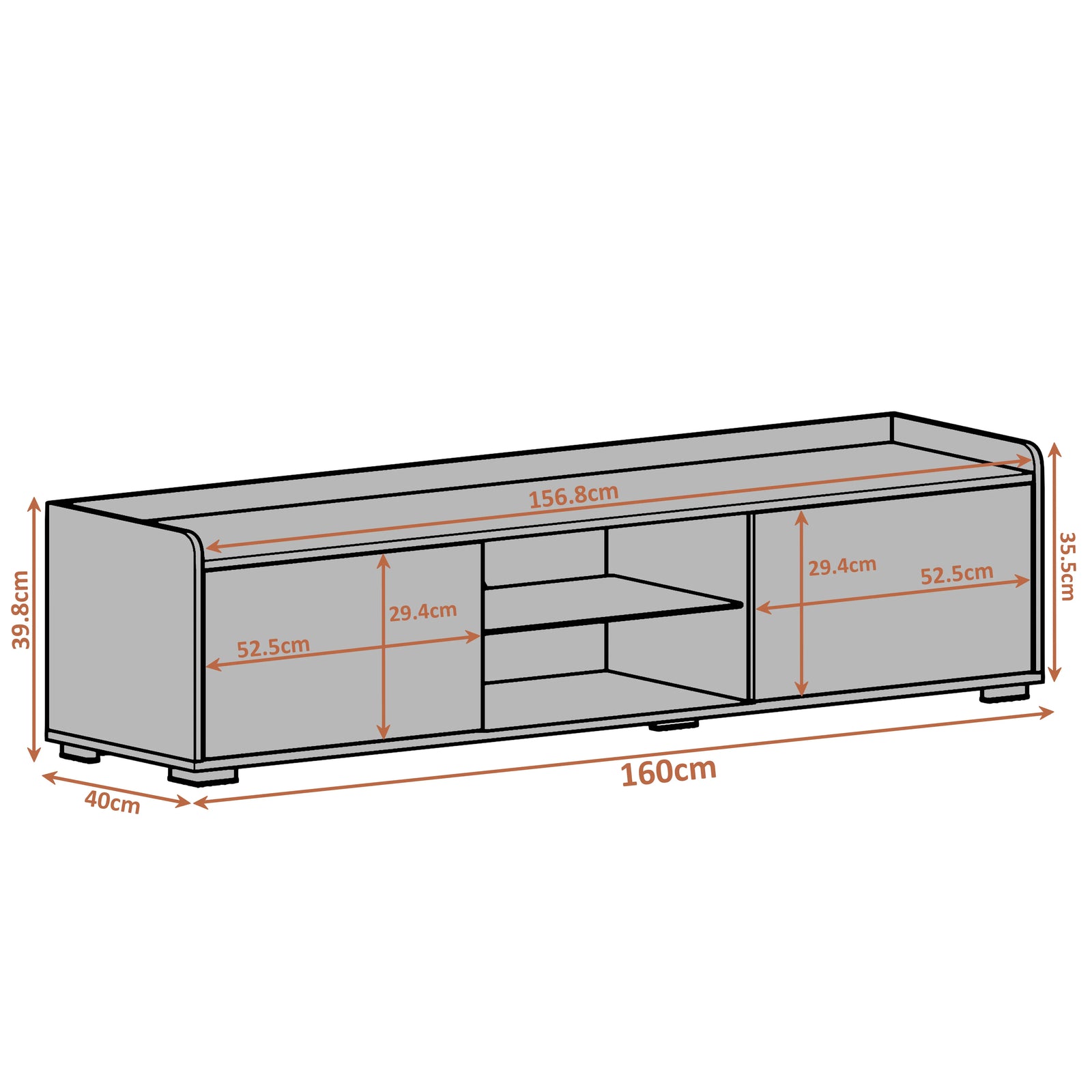 [Black] Schematic of TV unit showing 160 x 40 x 35.5cm overall with 52.5cm cabinets and 29.4cm shelves