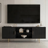 Modern black TV entertainment unit with vertical fluted cabinet doors and open shelves for a sleek, dark aesthetic.