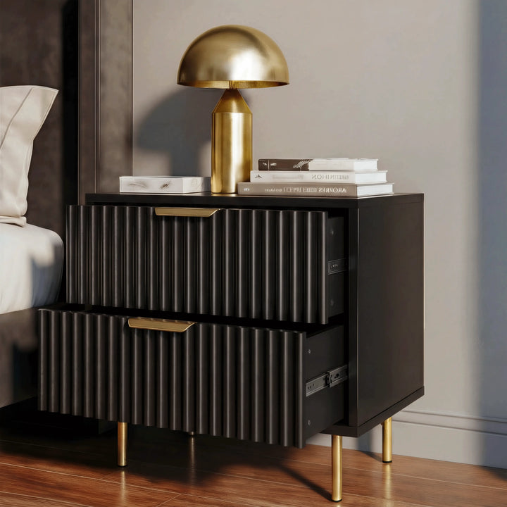 [Black] Flutrina black bedside cabinet unit with two drawers, and lower drawer partially open for bedside storage