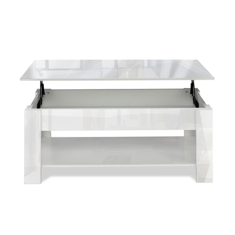 White lift-up coffee table with storage space and a clean, glossy finish.