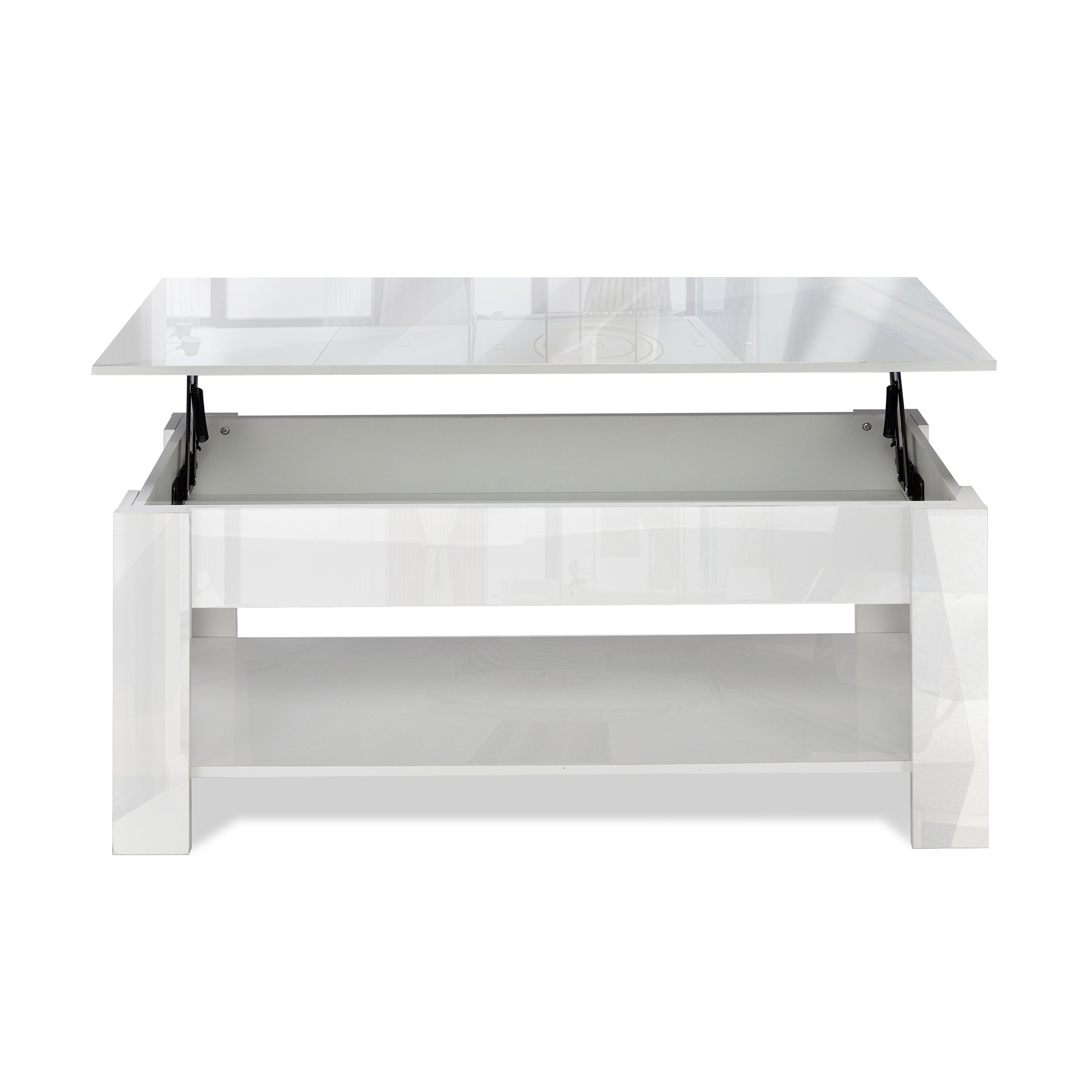 White lift-up coffee table with storage space and a clean, glossy finish.