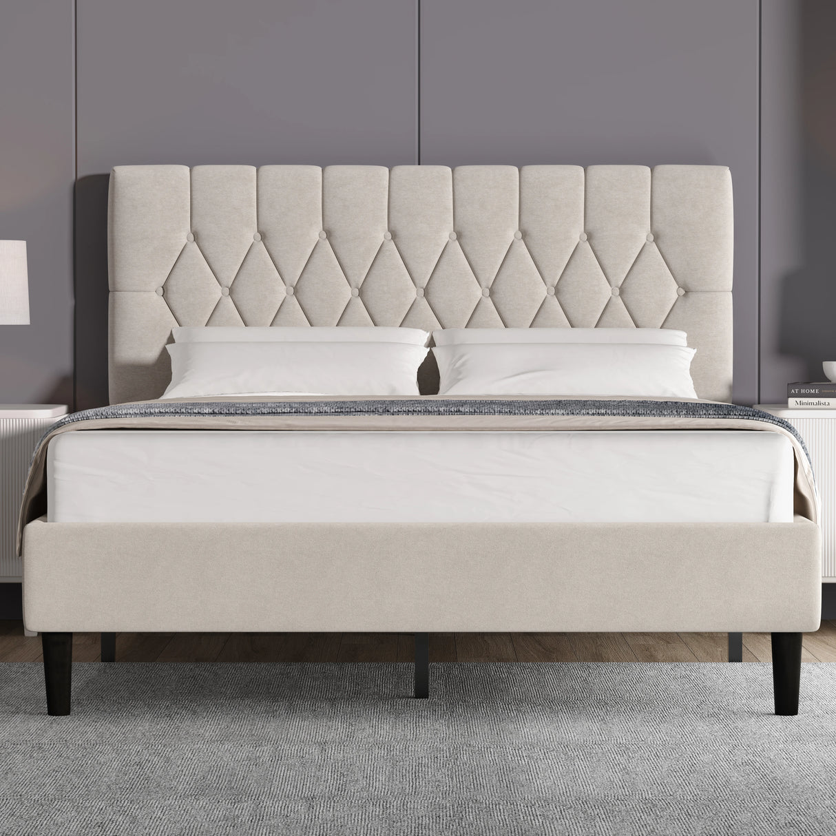 Beige velvet bed frame double size with tall adjustable chesterfield headboard and black wooden legs, ideal for modern UK bedrooms.