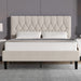 Beige velvet bed frame double size with tall adjustable chesterfield headboard and black wooden legs, ideal for modern UK bedrooms.