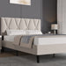 Beige upholstered bed with tufted headboard in a bedroom setting.