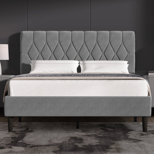 Chesterfield velvet upholstered bed frame with adjustable headboard in grey, featuring diamond tufting and dark wooden legs, ideal for modern bedrooms.