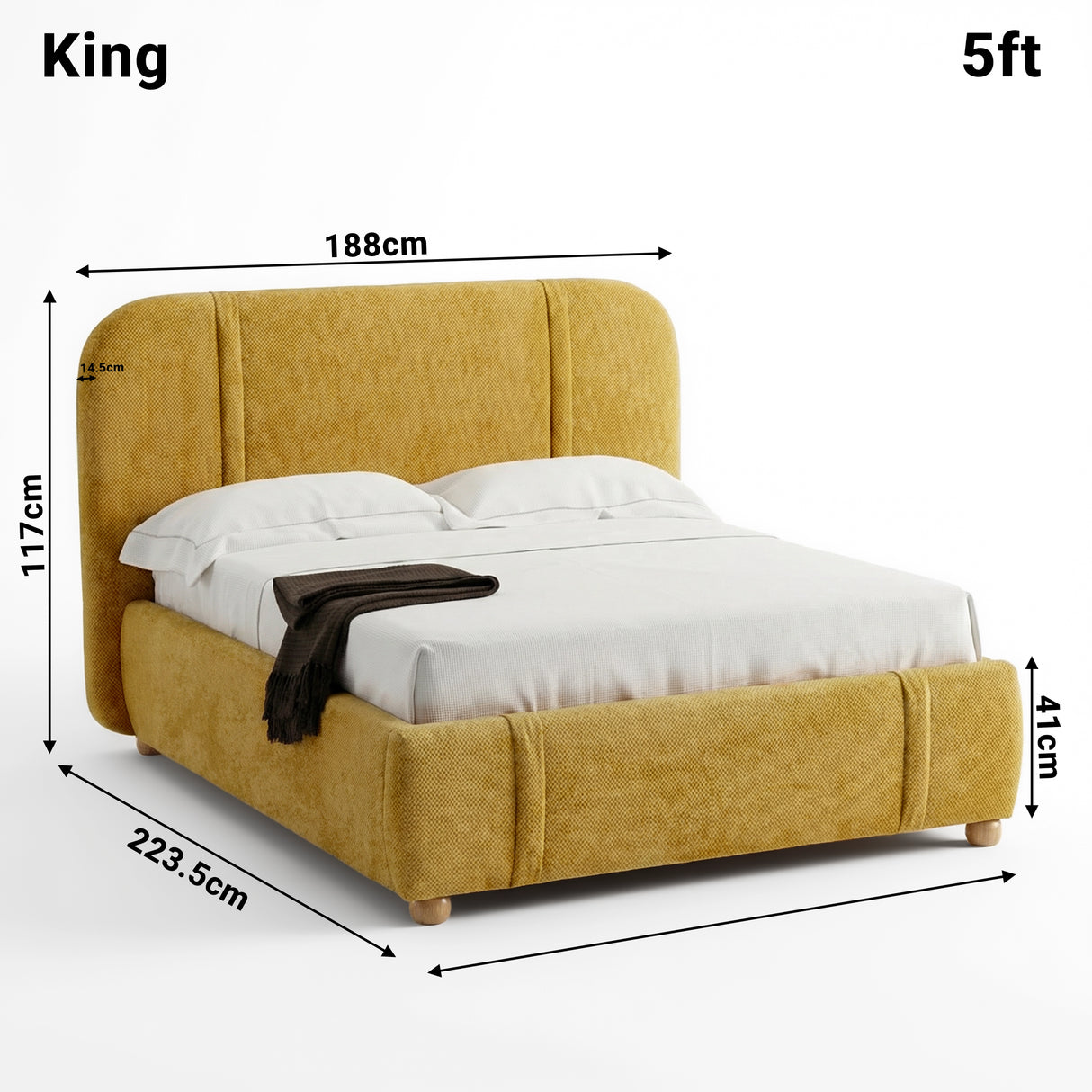 Dimensions diagram of a yellow king bed with labelled measurements: height 117 cm, width 188 cm, and length 223.5 cm