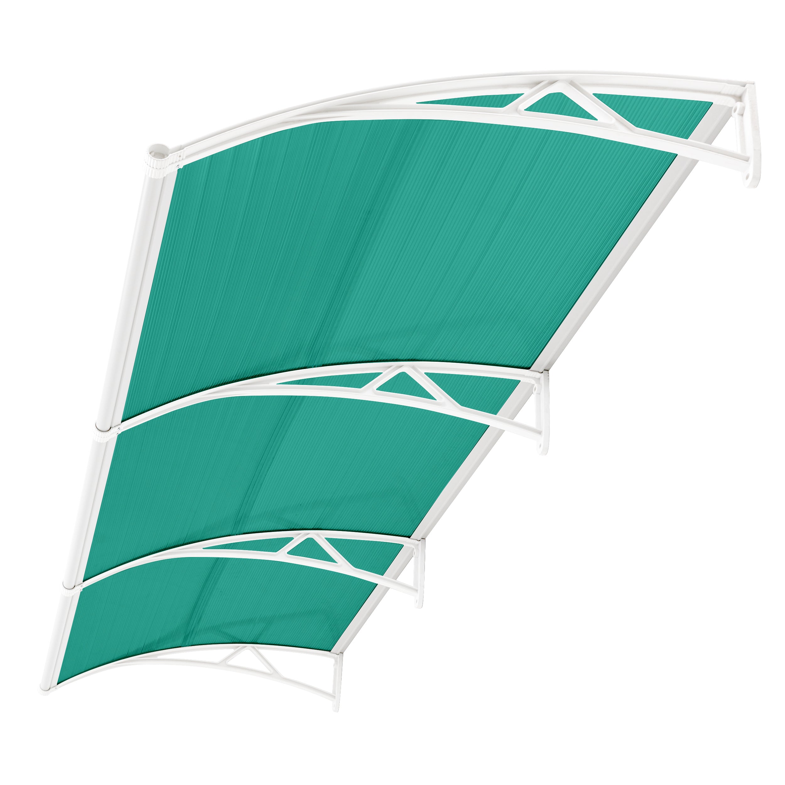 UPVC door canopy with green polycarbonate sheet and white ABS bracket for weather protection.