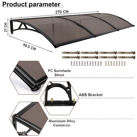 UPVC front door canopy with polycarbonate sheet, ABS bracket, and aluminum connectors.