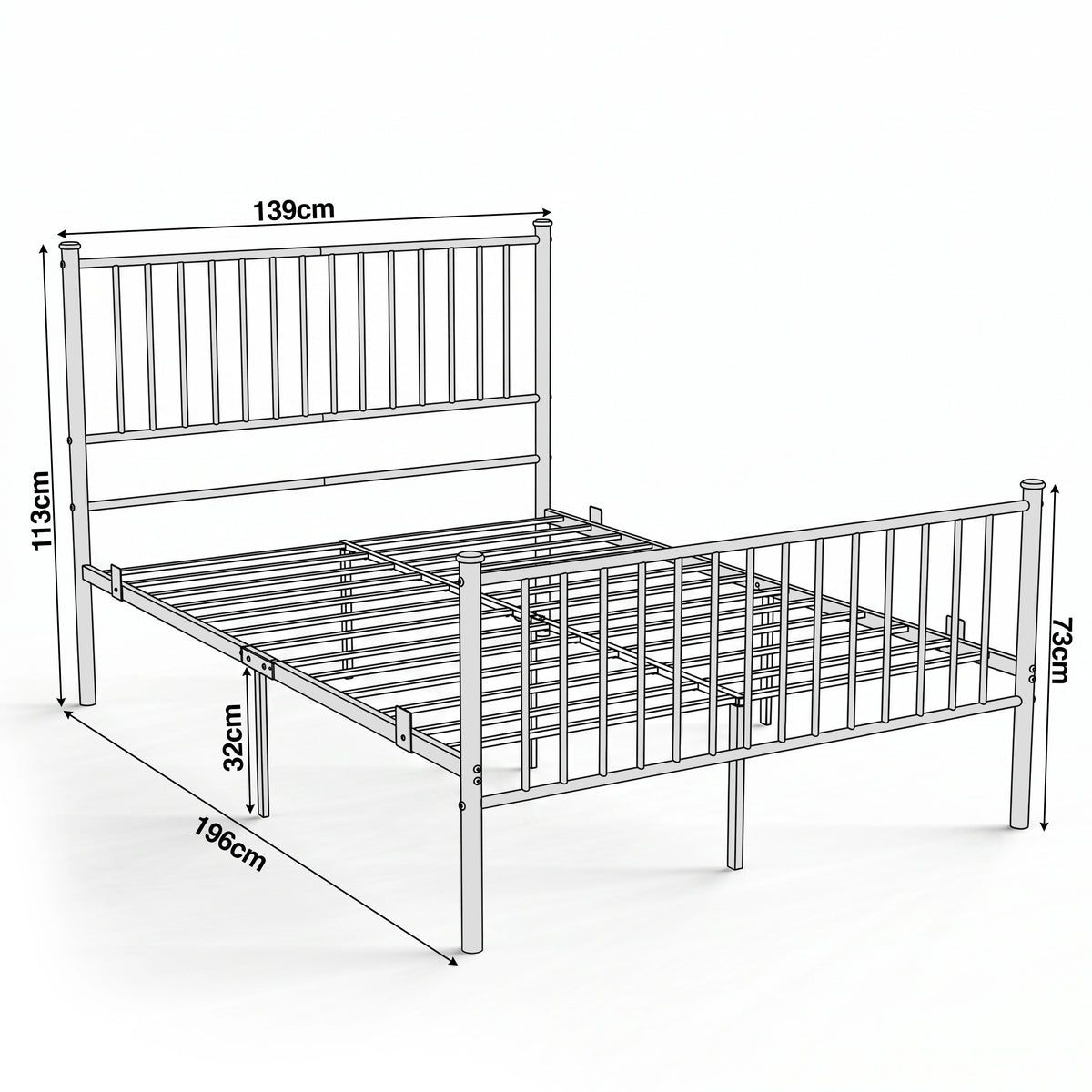 [Black | Double] Metal bed-frame size guide showing 139 x 196cm, 113cm headboard, 73cm footboard and 32cm clearance.