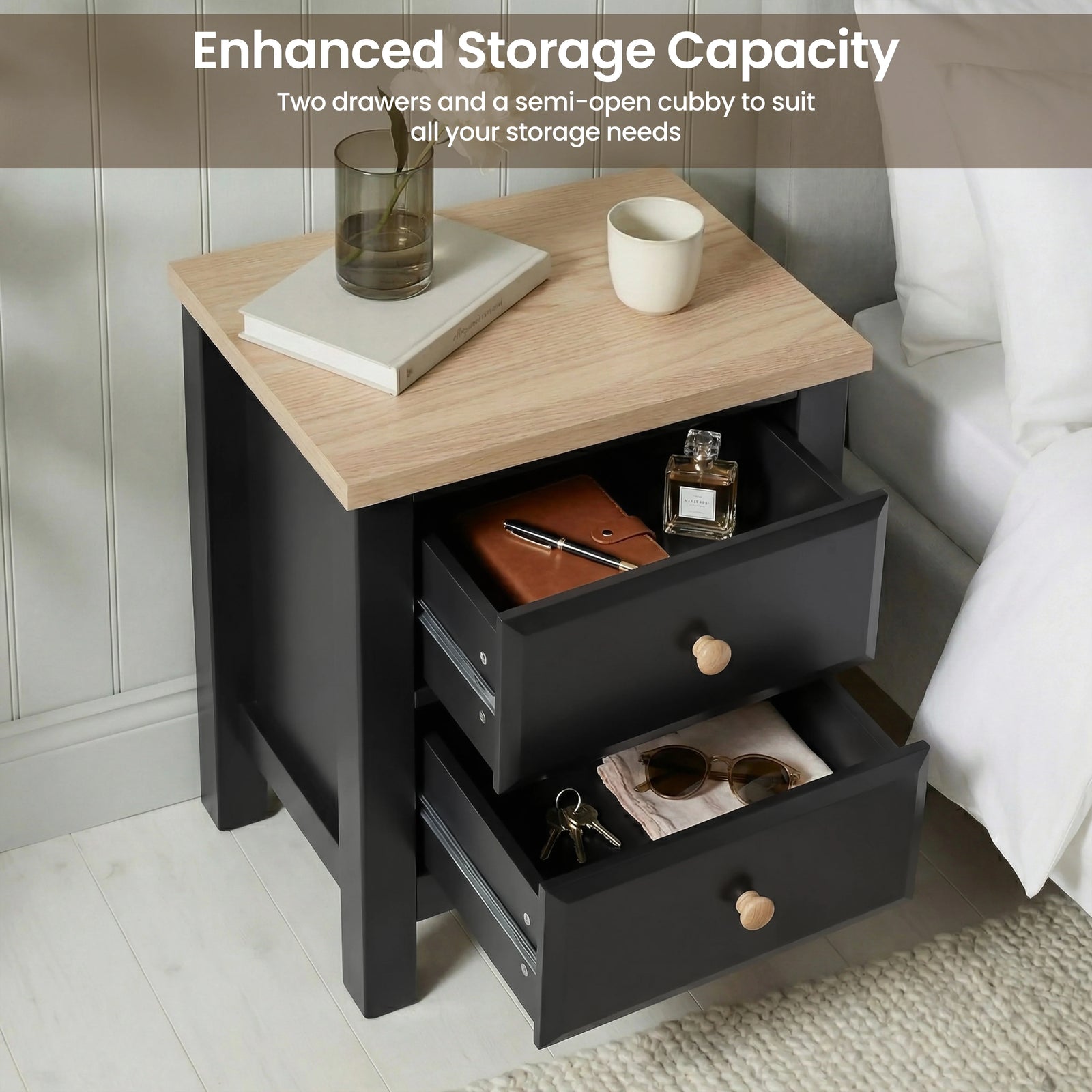 [Black] Haven 2-drawer bedside table with both drawers open showing interior storage space and depth
