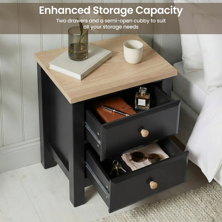 [Black] Haven 2-drawer bedside table with both drawers open showing interior storage space and depth
