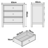 [Blue] Haven 3-drawer chest dimensions diagram showing W83cm x D42cm x H80cm with top-view depth measurements