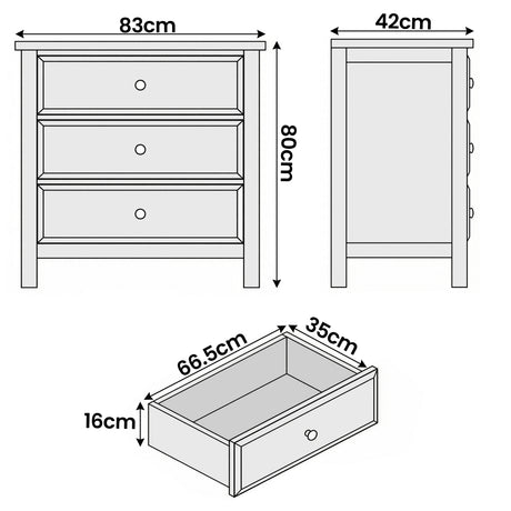 [Blue] Haven 3-drawer chest dimensions diagram showing W83cm x D42cm x H80cm with top-view depth measurements