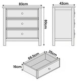 [Blue] Haven 3-drawer chest dimensions diagram showing W83cm x D42cm x H80cm with top-view depth measurements