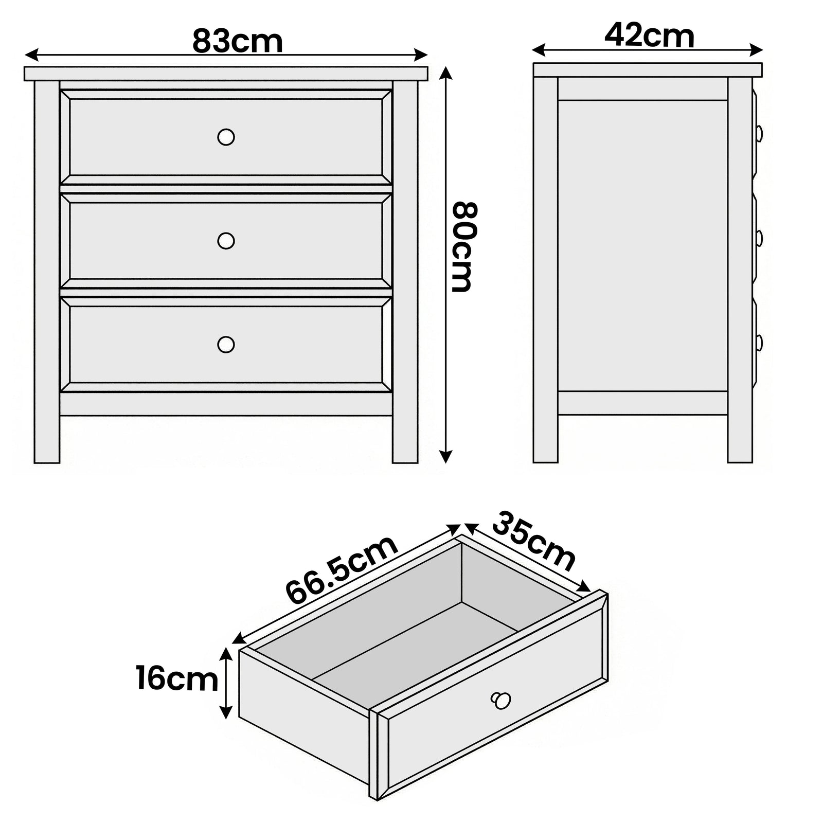 [Blue] Haven 3-drawer chest dimensions diagram showing W83cm x D42cm x H80cm with top-view depth measurements