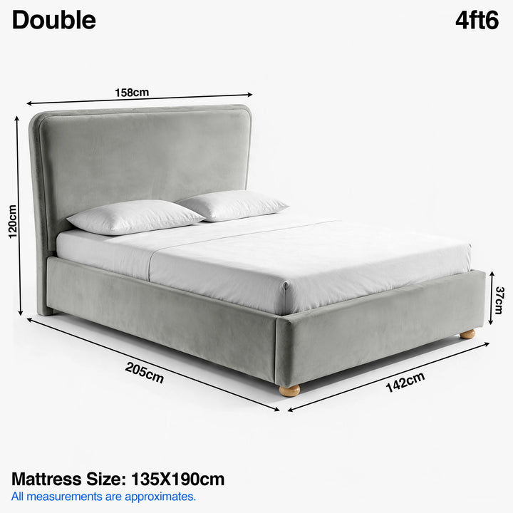 [Double | Light Grey] Size guide showing 158cm width, 205cm length, 120cm height and 135 x 190cm mattress area