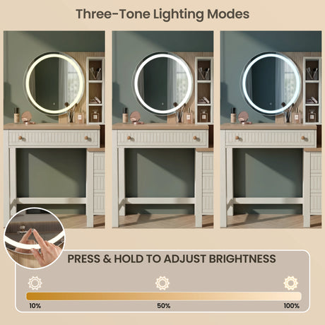 [White] Linra feature graphic demonstrating three-tone LED lighting modes with warm, neutral, and cool settings on circular mirror