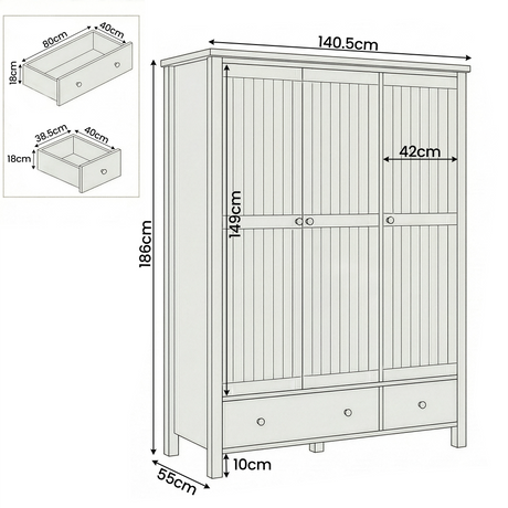 [Grey] Linra 3-door wardrobe dimensions diagram showing W140.5 x D55 x H186cm with drawer and shelf measurements