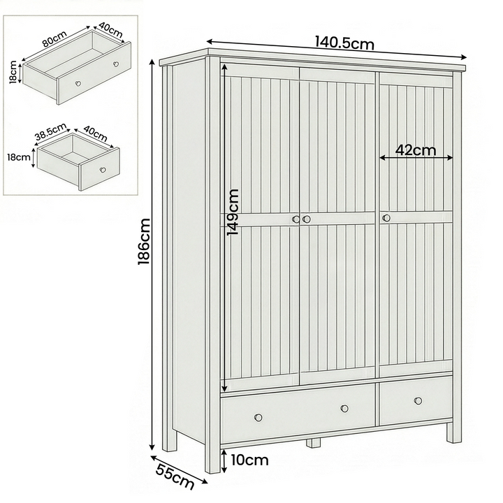 [Grey] Line drawing Linra wardrobe showing 140.5 cm wide 55 cm deep 186 cm tall, base drawer dims included