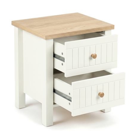 [White] Linra 2-drawer bedside table detail view on white background showing drawer front and knob handle
