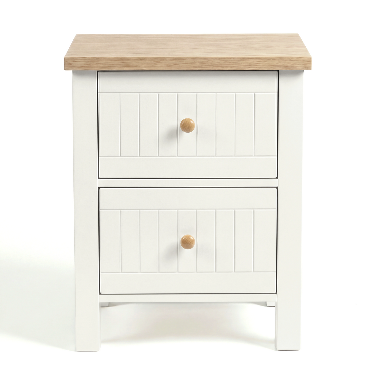 [White] Linra 2-drawer bedside table side profile view on white background showing frame depth and leg detail