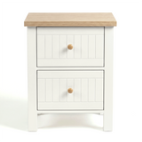 [White] Linra 2-drawer bedside table side profile view on white background showing frame depth and leg detail