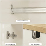 [White] Linra wardrobe hardware collage with chrome hanger rod, soft-close hinge, oak top corner, and handle detail