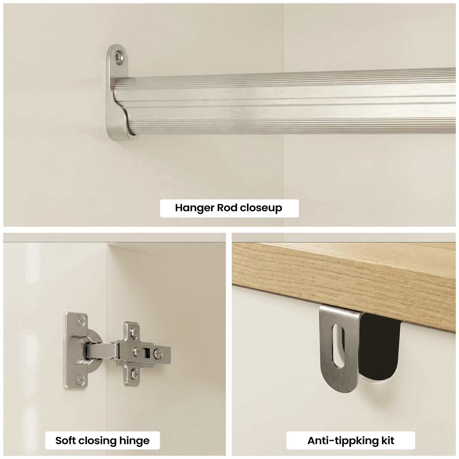 [White] Linra wardrobe hardware collage with chrome hanger rod, soft-close hinge, oak top corner, and handle detail
