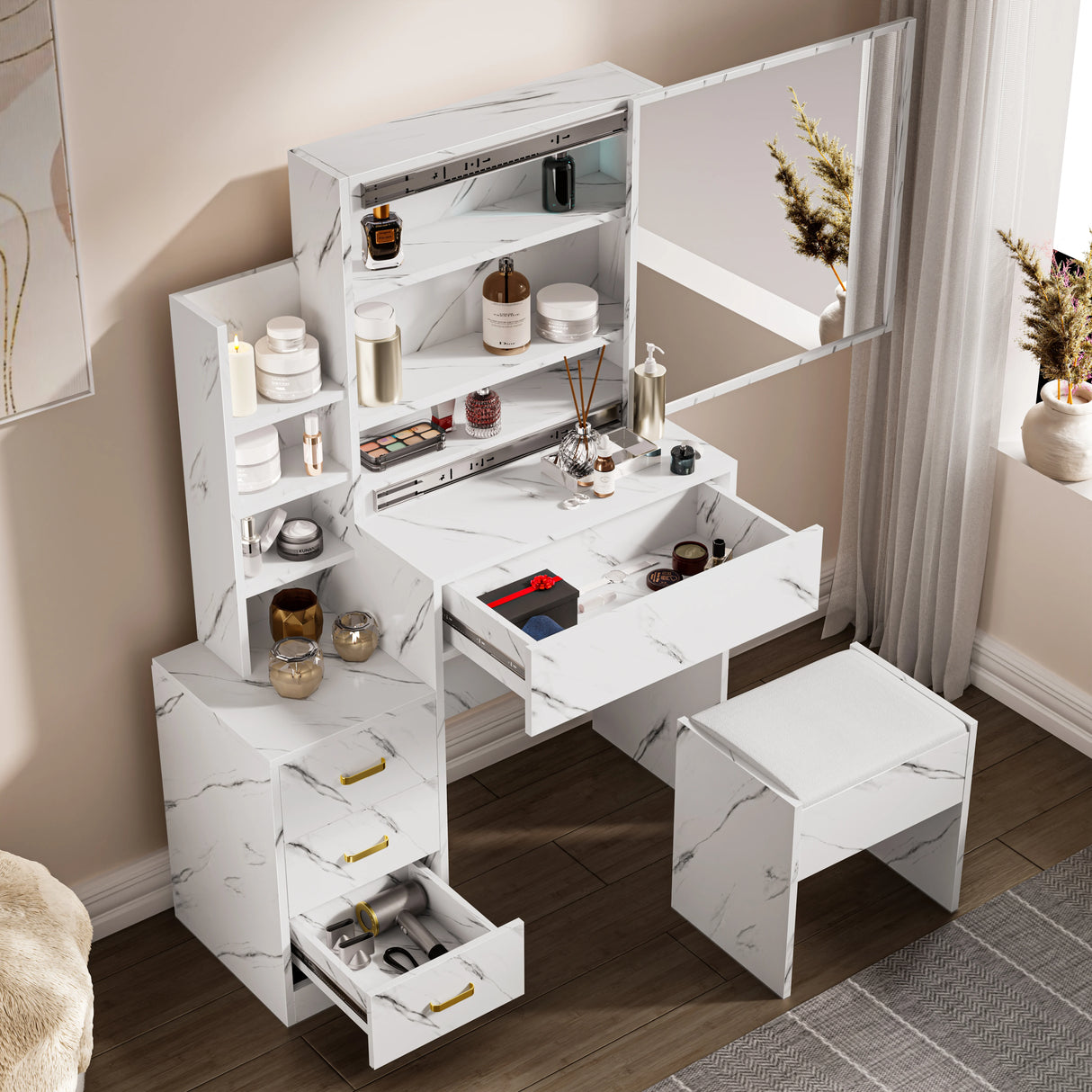 Dressing Table with Storage, Drawers and Mirror - Vanity Makeup Table in white marble finish featuring multiple drawers, open shelves, and cushioned stool. Ideal for bedroom organization and makeup application.