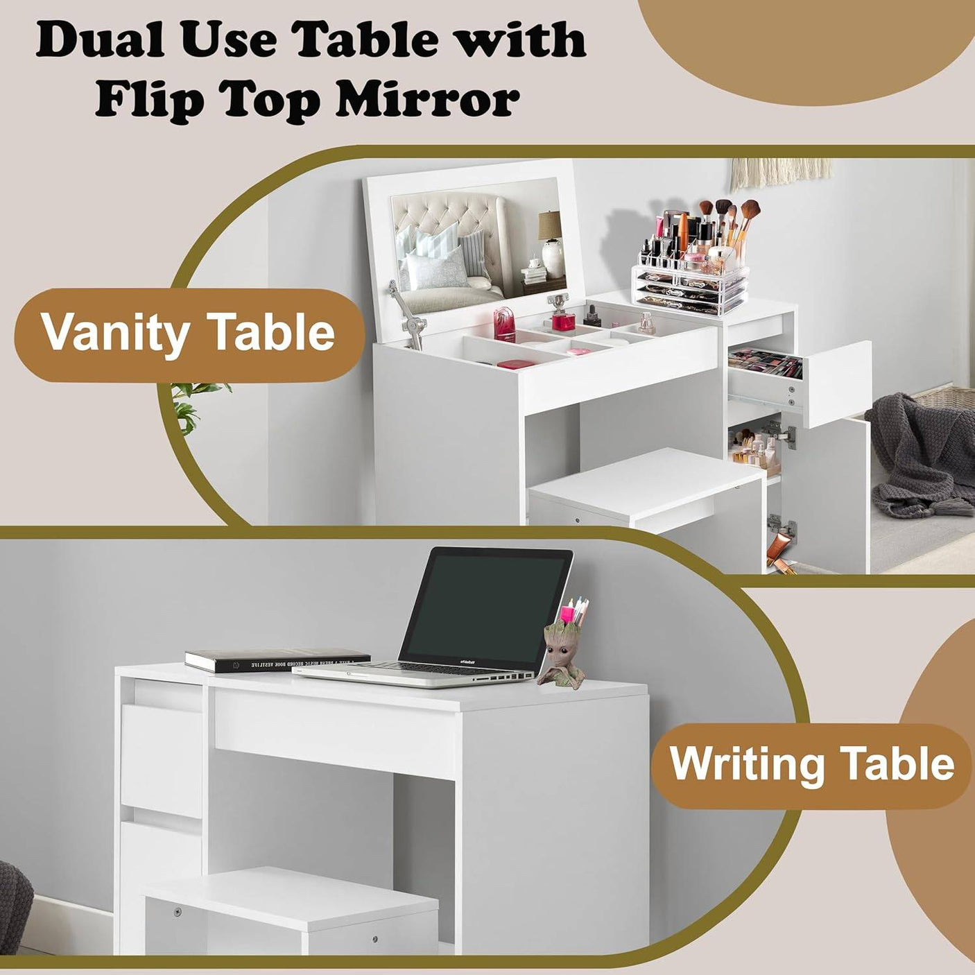 Small dressing table with flip-up mirror and stool, shown as a dual-use vanity and writing desk with storage drawers in modern white finish.