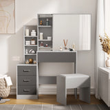 Dressing Table with Storage, Drawers and Mirror - Vanity Makeup Table in grey finish featuring 4 drawers, open shelves, and a cushioned stool. Ideal for bedroom organization and makeup application.