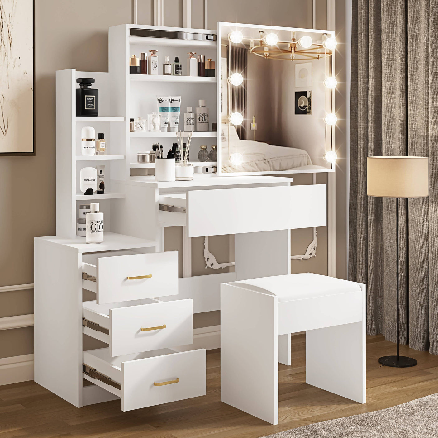 Blisswood Dressing Table with Mirror and Lights featuring LED bulbs, multiple drawers, open shelving, and a cushioned stool for bedroom vanity setup.