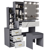 Vanity dressing table with mirror, LED lights, marble-effect drawers, and shelves.