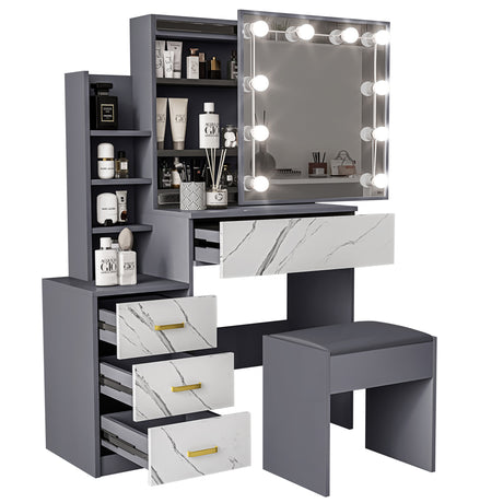 Vanity dressing table with mirror, LED lights, marble-effect drawers, and shelves.