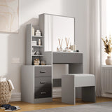 Modern grey dressing table with storage, drawers, and mirror. Includes open shelves, four drawers, and a cushioned stool for bedroom use.
