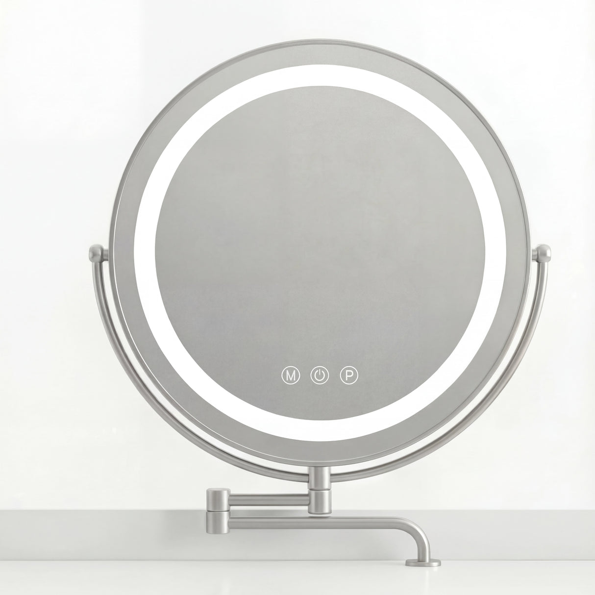 Makeup table with a round illuminated mirror and adjustable lighting settings, showcasing a modern and sleek design
