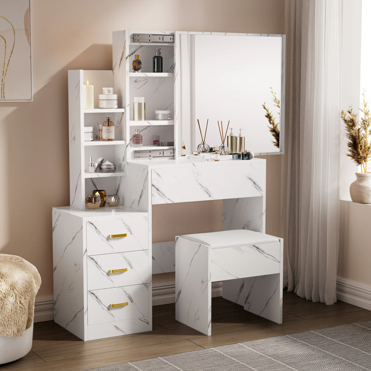 Dressing Table with Storage, Drawers and Mirror - Vanity Makeup Table in white marble finish with gold handles, cushioned stool, and open shelves.