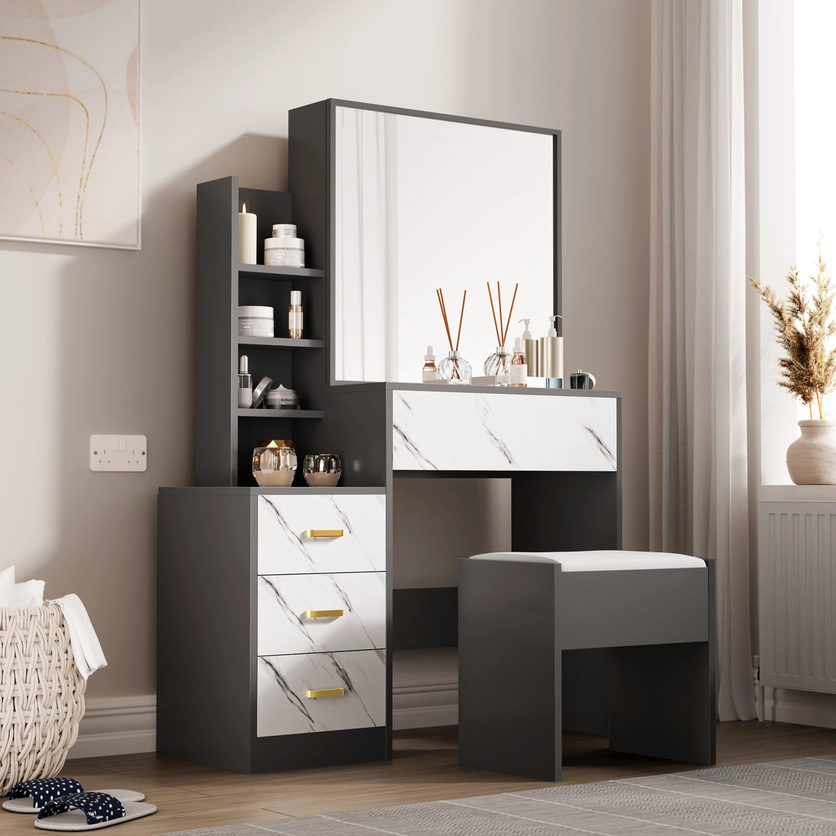 Dressing Table with Storage, Drawers and Mirror - Vanity Makeup Table in grey and white marble finish with cushioned stool and side shelves.