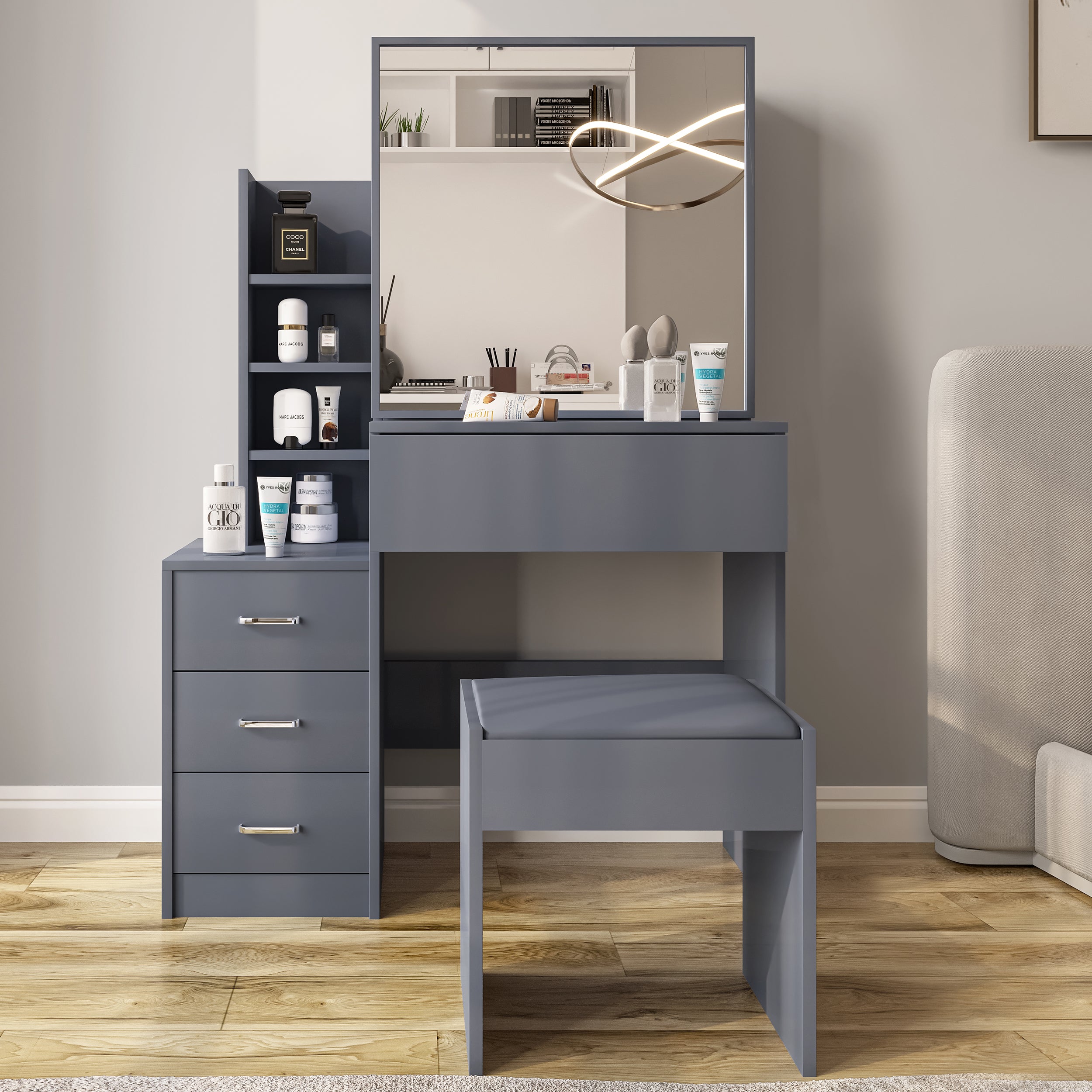 Elegant vanity table with mirror, drawers, and shelves for makeup and skincare storage