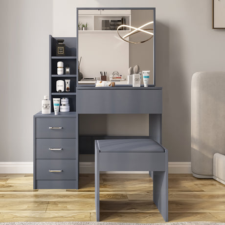 Elegant vanity table with mirror, drawers, and shelves for makeup and skincare storage