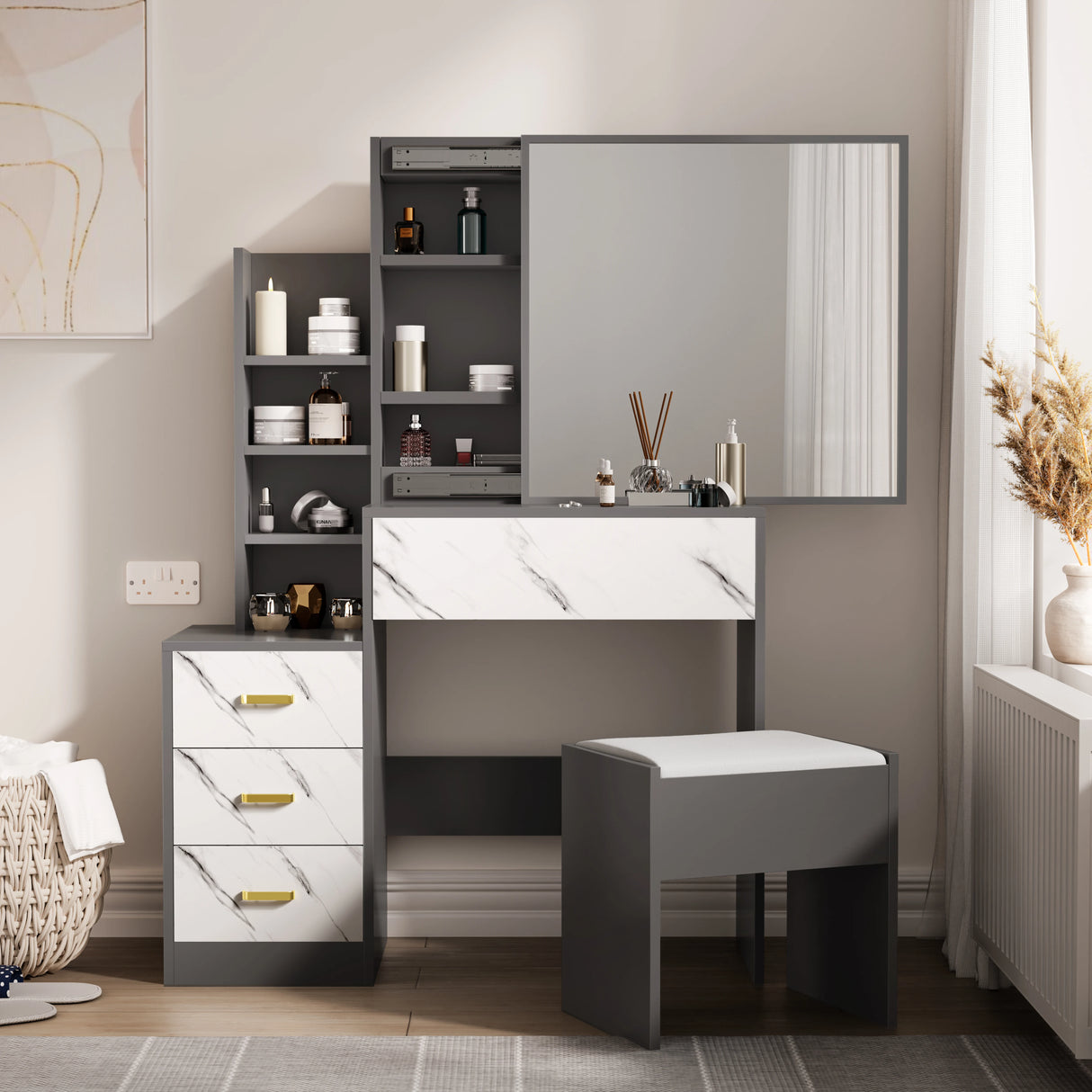 Dressing Table with Storage, Drawers and Mirror - Vanity Makeup Table in grey and white marble finish with cushioned stool and open shelving.