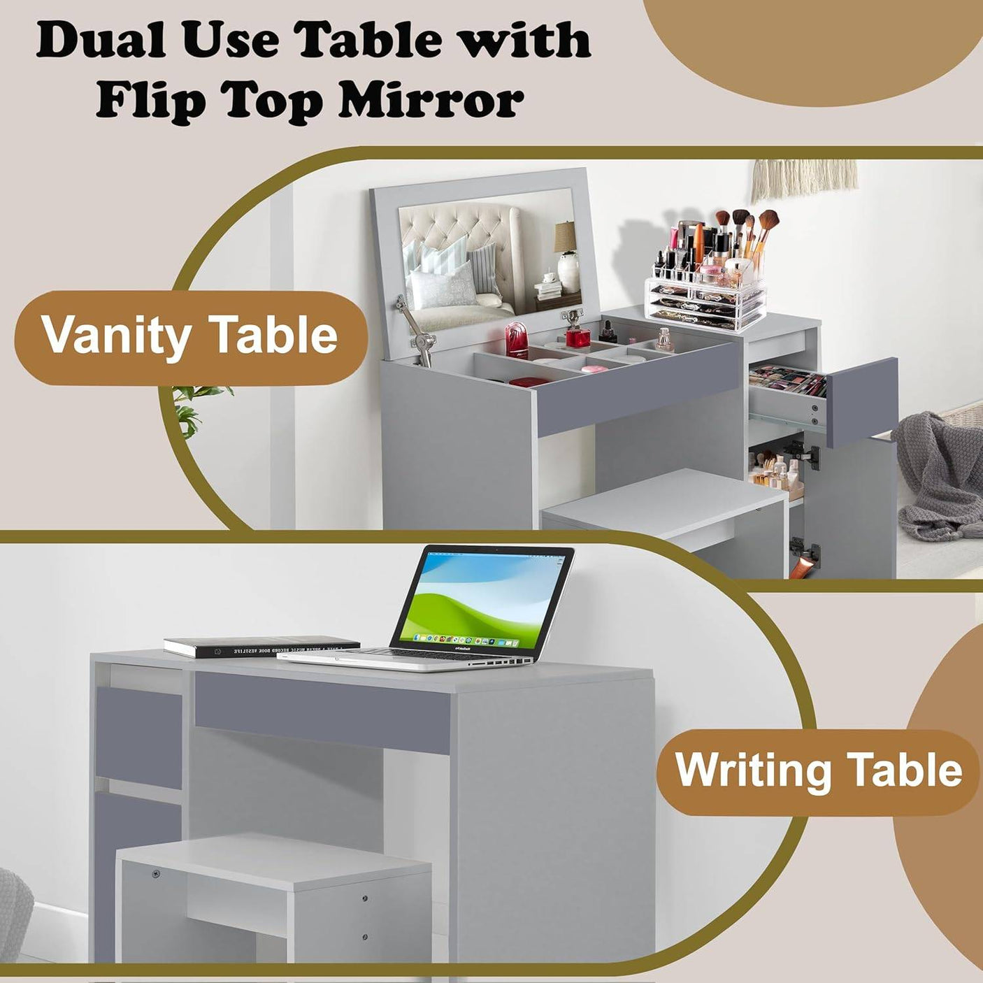 Small dressing table with flip up mirror and stool, used as vanity table with makeup storage and writing desk with laptop setup.