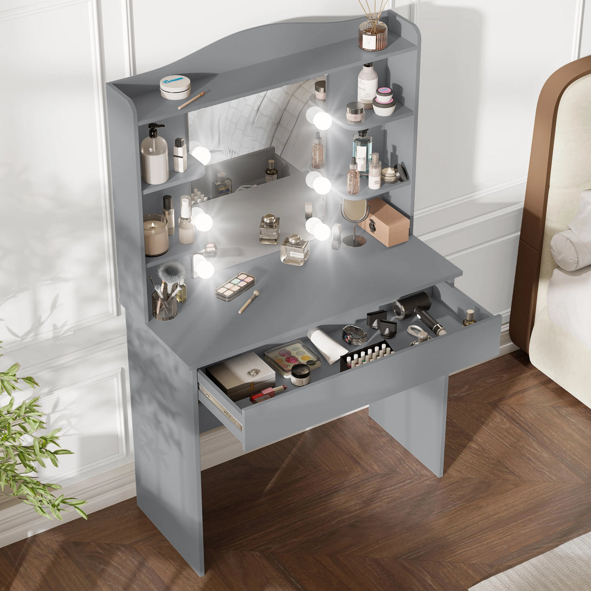 Grey dressing table with mirror and LED lights featuring 5 shelves and 1 large drawer, ideal for makeup and bedroom vanity storage setup.