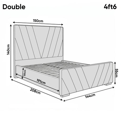 [Double | Beige] Dimensions diagram showing 150cm width and 208cm length with 140cm headboard height