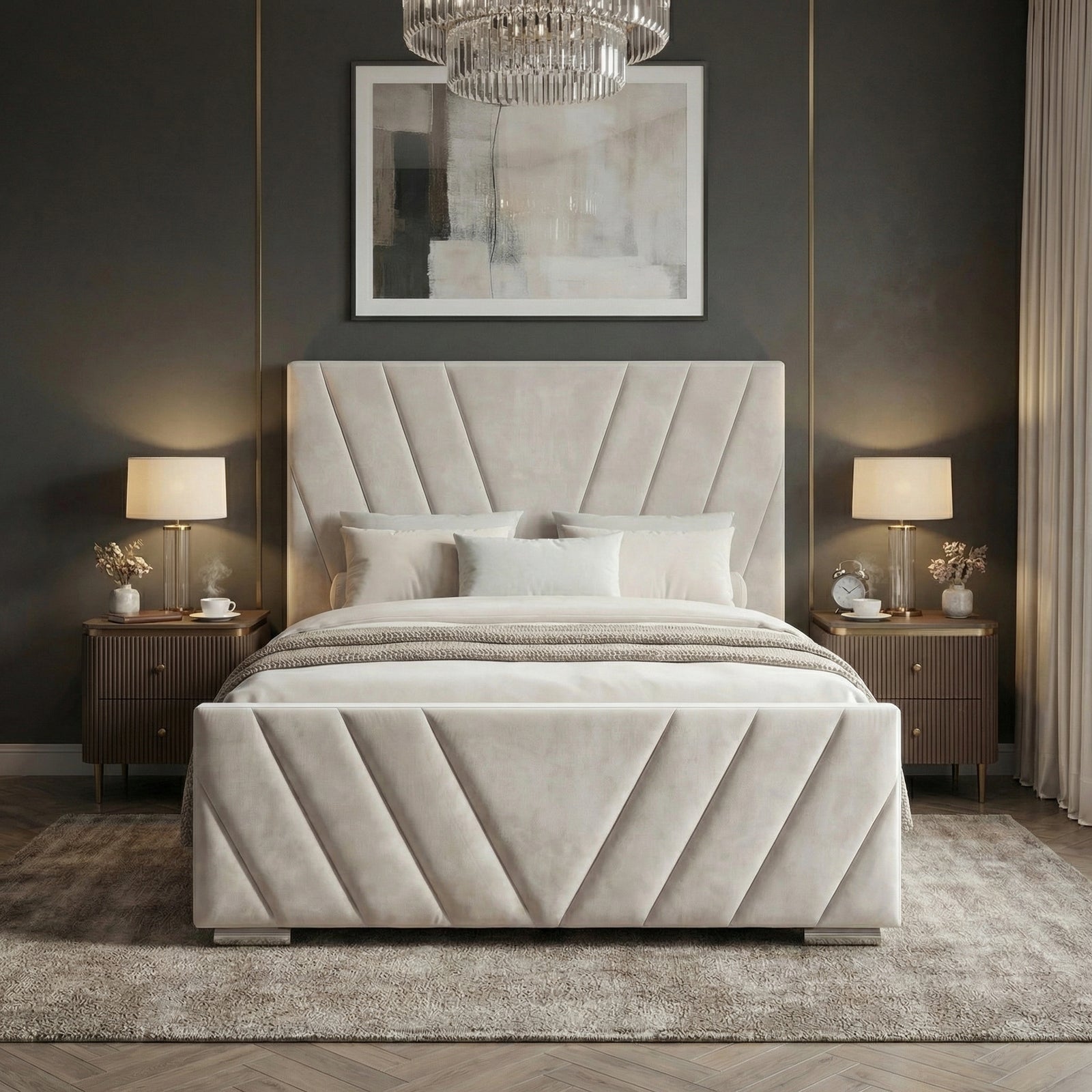 [Double | Beige] Symmetrical view showing tall V-pattern headboard with white bedding and matching lamps on both sides