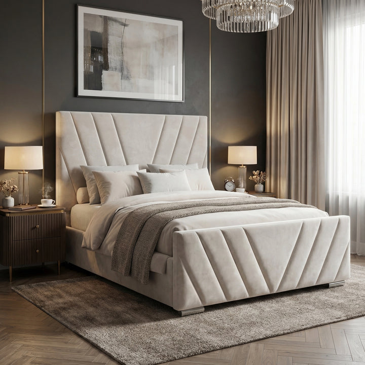 [Double | Beige] Side angle of velvet ottoman bed with V-shaped chevron channel stitching on tall headboard and footboard