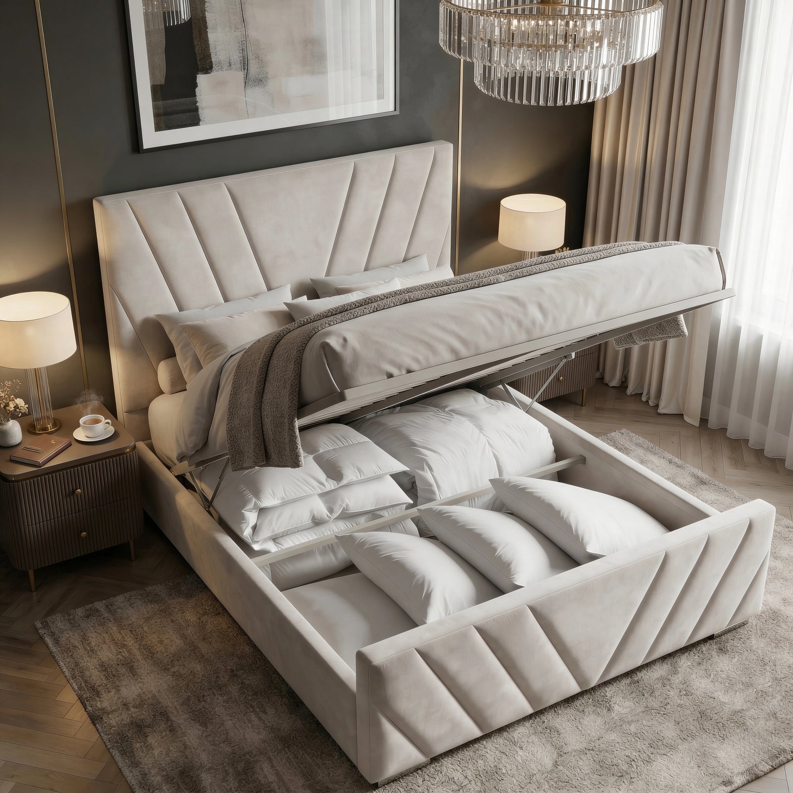 [Double | Beige] Gas-lift mechanism raising mattress platform showing full-length under-bed storage in velvet frame