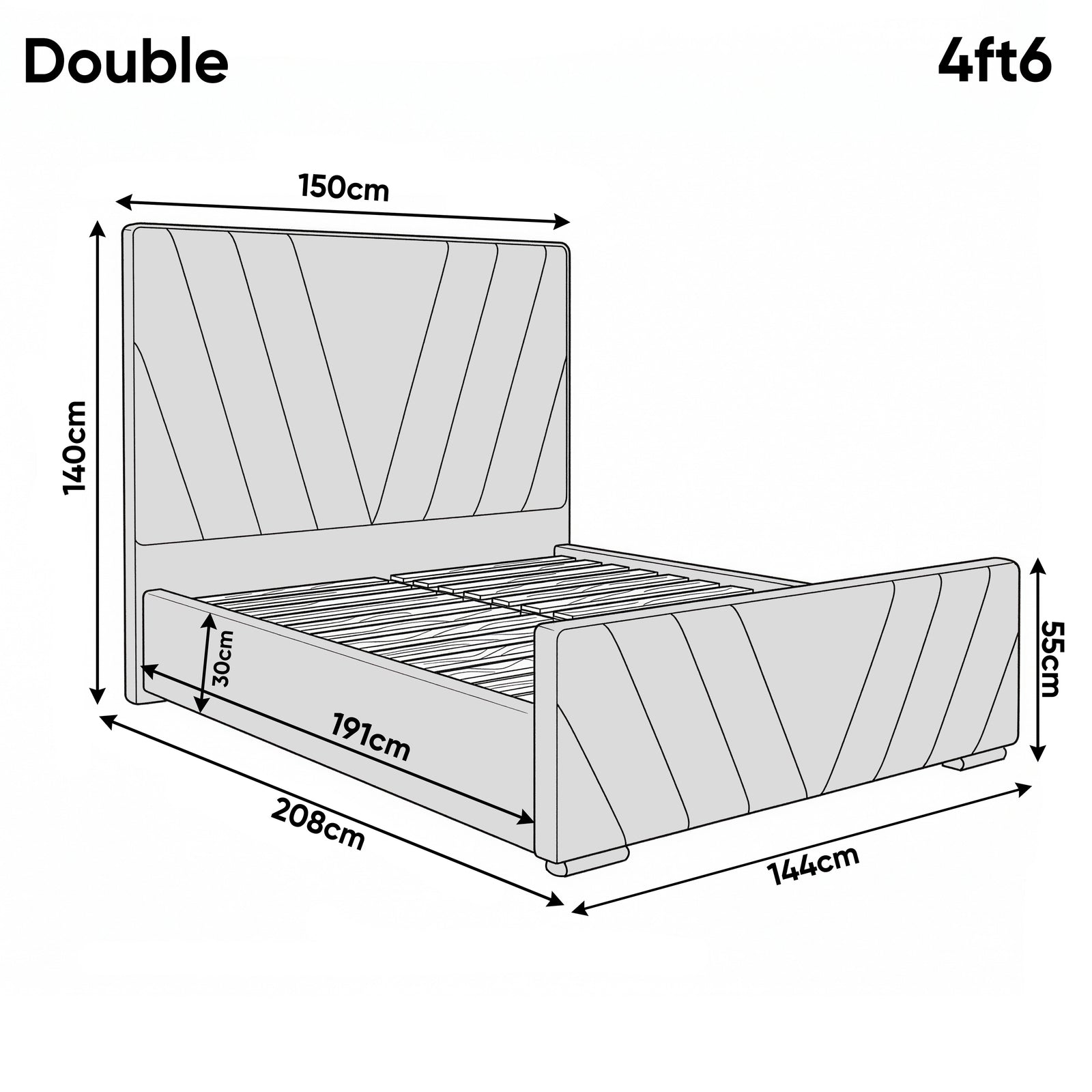 [Double | Blue] Dimensions diagram showing 150cm width and 208cm length with 140cm headboard height