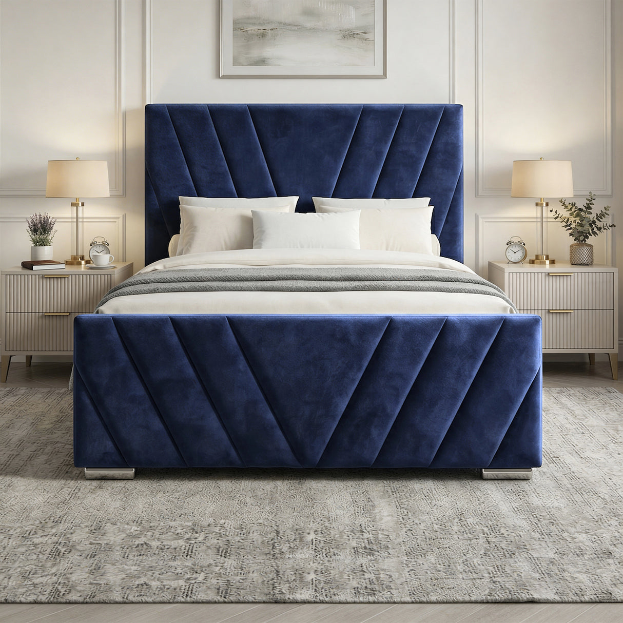 [Double | Blue] Velvet bed frame centred in styled bedroom with chevron panelling and abstract art above