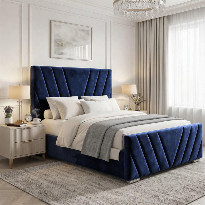 [Double | Blue] Diagonal-stitched velvet ottoman bed from the side with white bedding and throw in styled bedroom